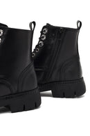 Woman Black Zip Closure Thick-Soled Leather Combat Boots | Derimod