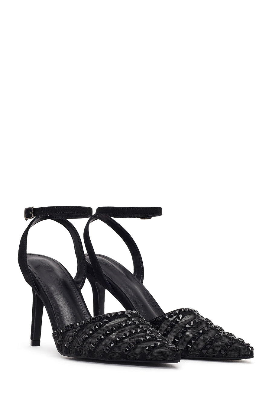 Women's Black Ankle Buckle Open Back High Thin Heel Shoes with Rhinestones