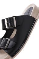 Women's Black Double Buckle Leather Comfort Slippers | Derimod