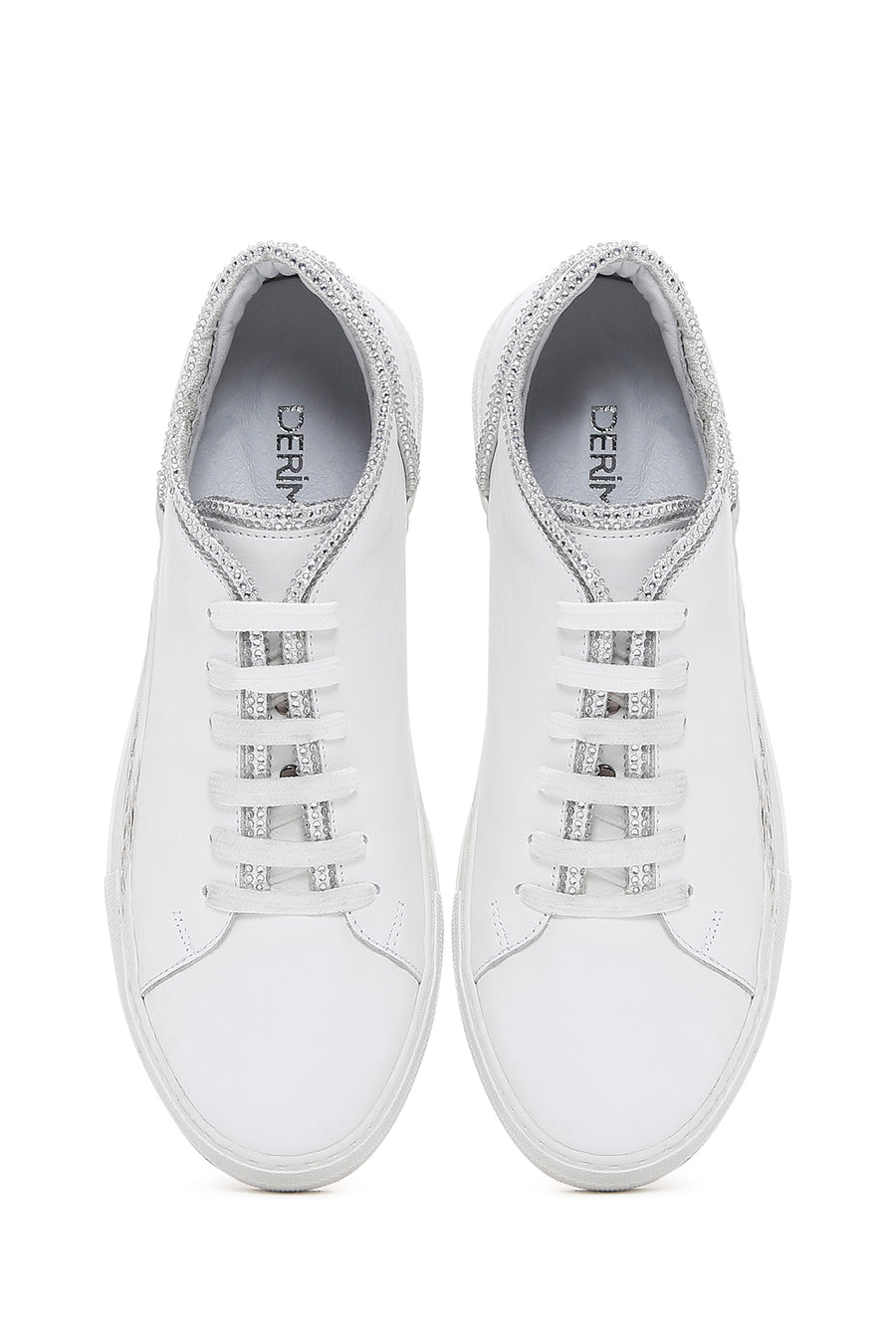 Women's White Lace-Up Stoned Leather Sneakers