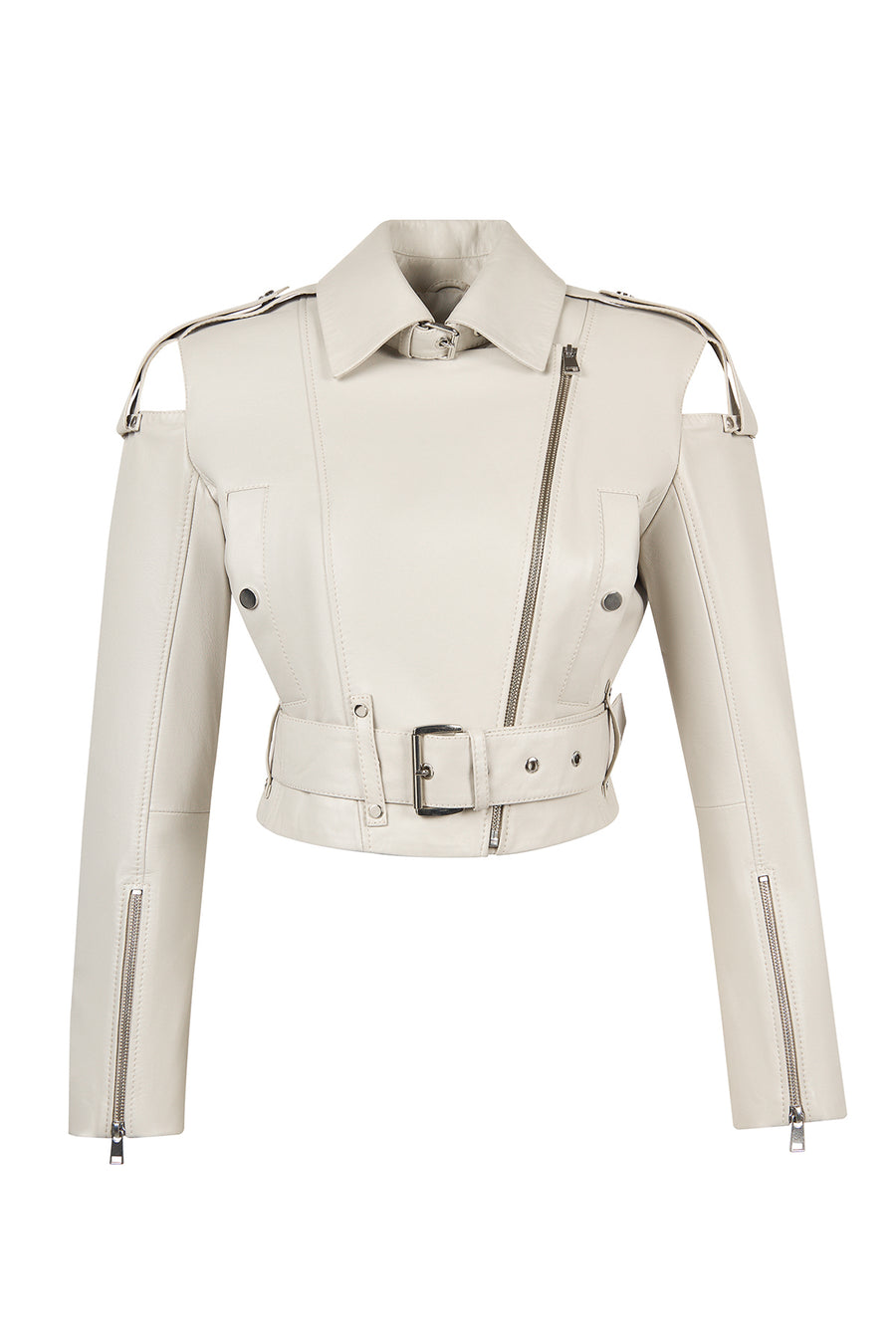 Avanti Woman Beige Off-Shoulder Short Biker Leather Jacket