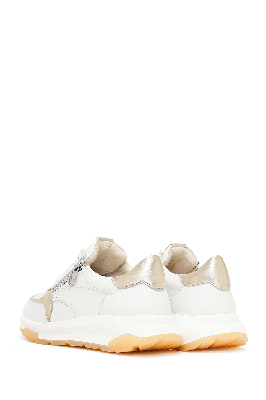 Woman White Lace-Up Zip Closure Thick-Soled Leather Sneaker