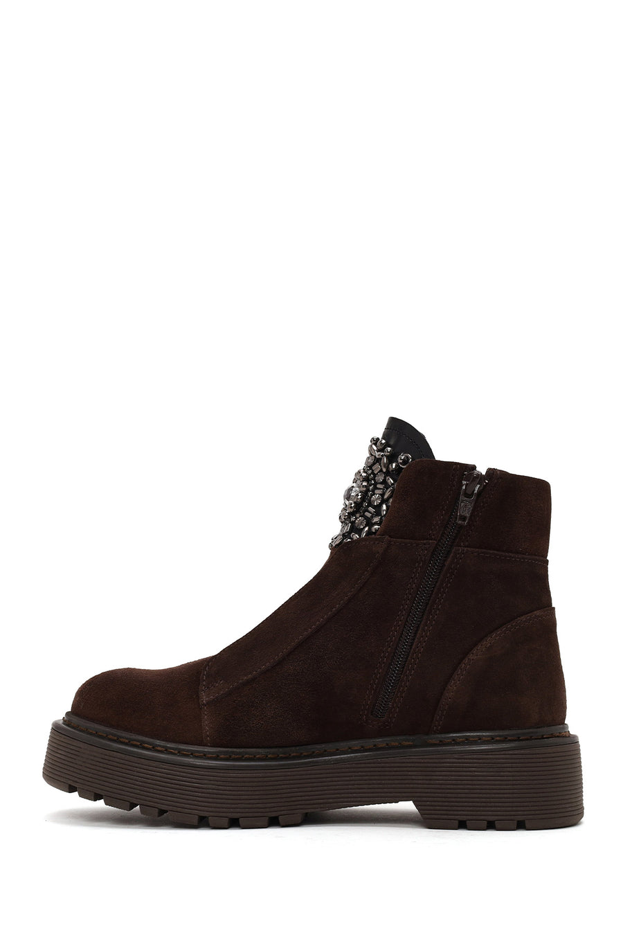 Woman Brown Zip Closure Embellished Chunky Sole Suede Boots