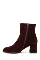 Woman Brown Zip Closure Chunky Heeled Suede Boots | Derimod