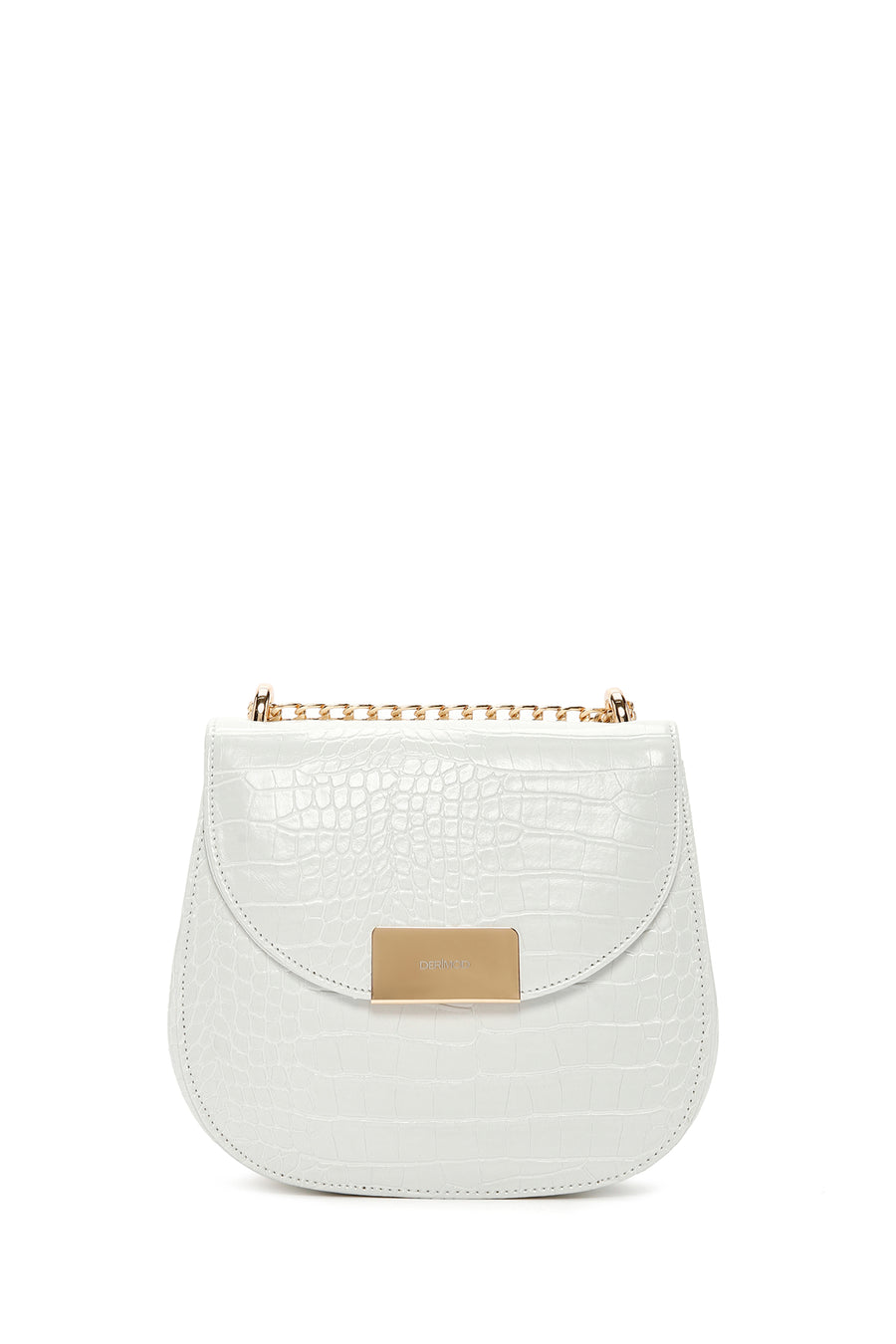 Women's White Long Chain Strap Crocodile Patterned Shoulder Bag