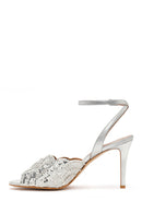 Women's Silver Ankle Buckle Stone Embellished Thin-Heeled Leather Sandals | Derimod
