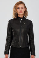 Madison Women's Black Short Leather Jacket | Derimod