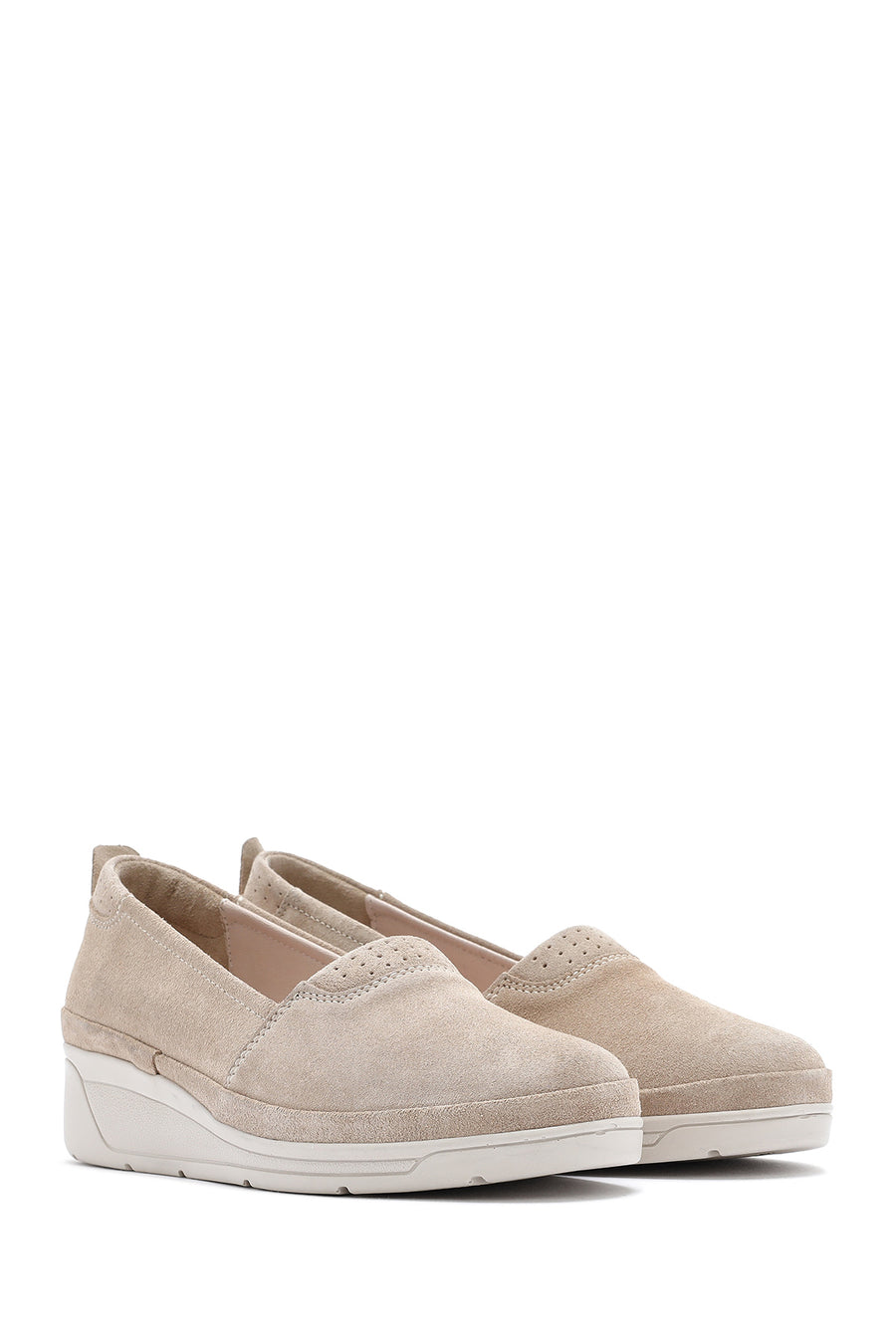 Women's Beige Wedge Heel Suede Leather Comfort Loafer