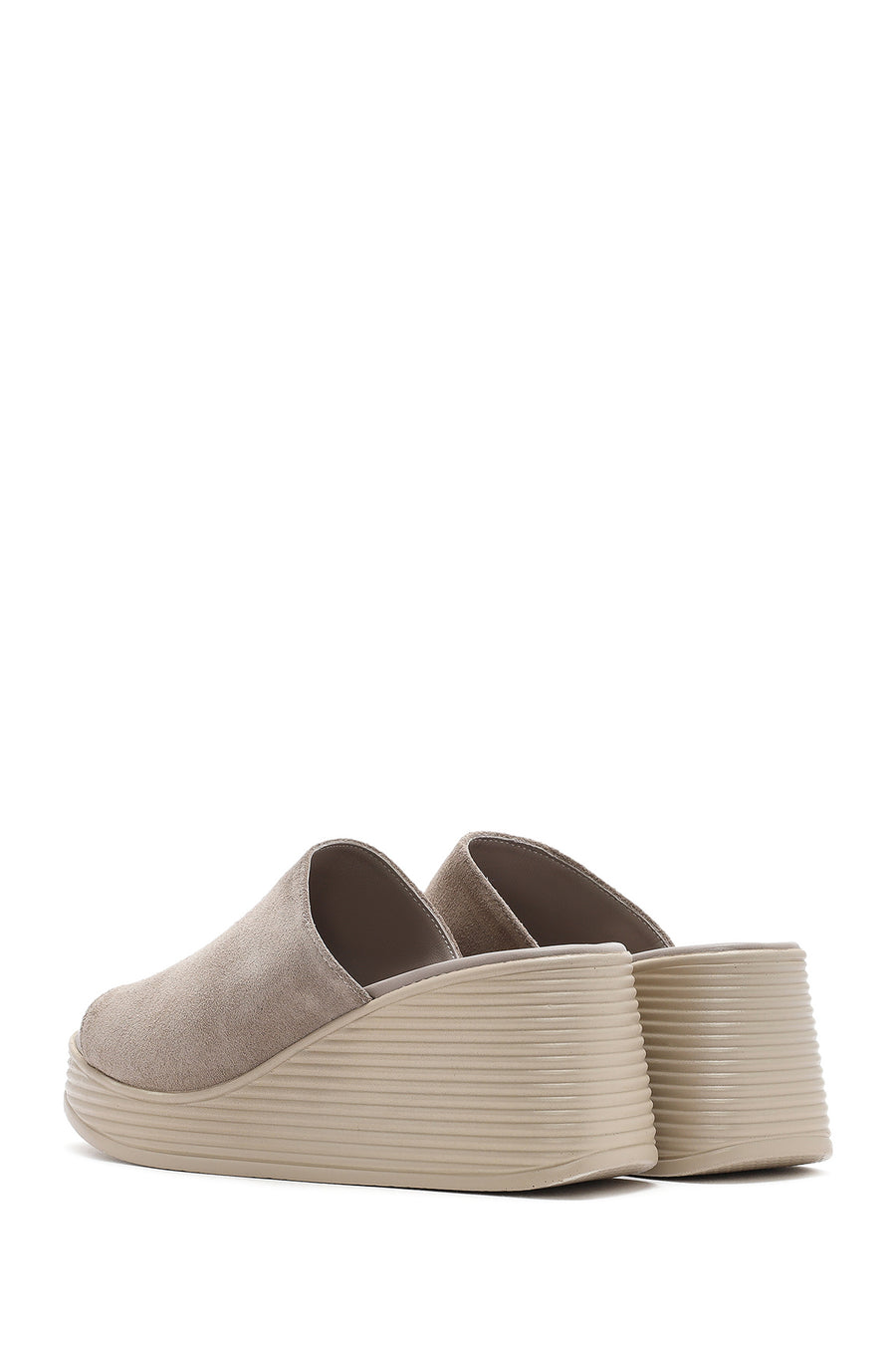 Women's Gray Wedge Heeled Suede Leather Slippers