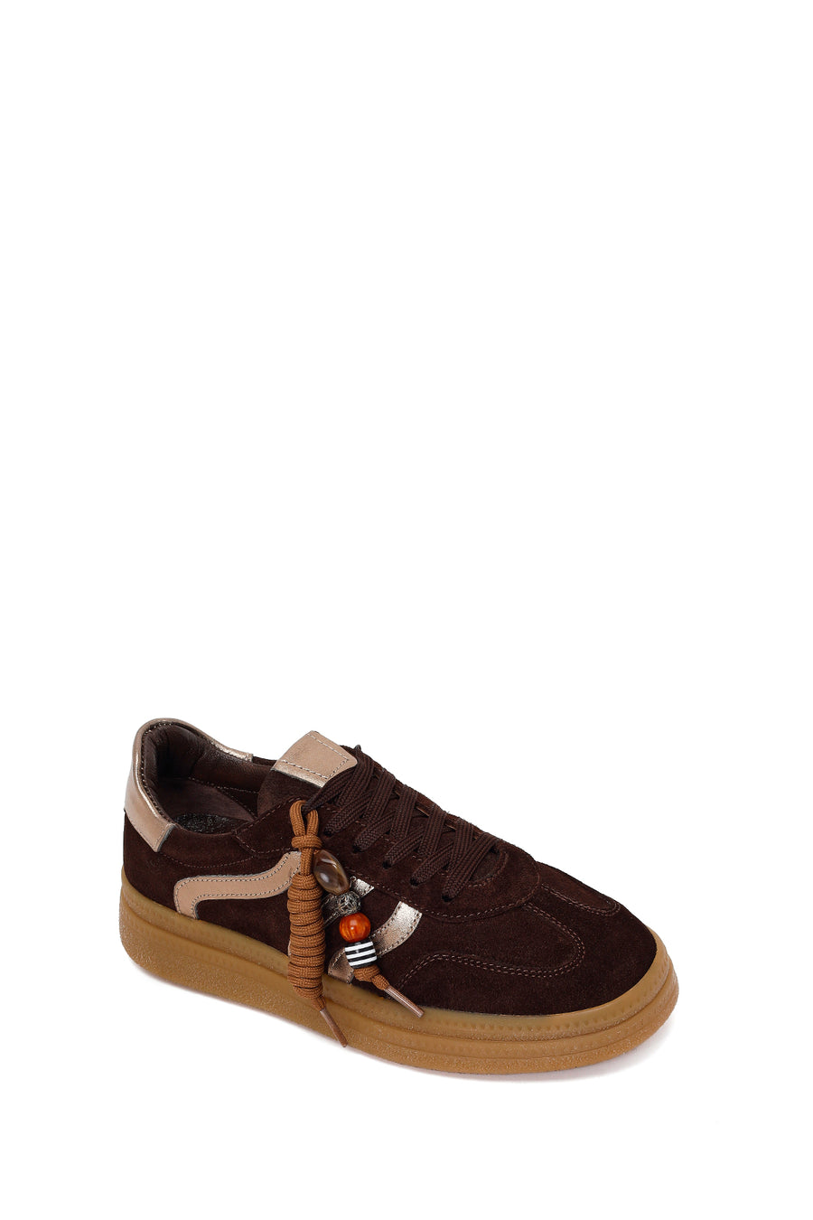 Woman Brown Lace-Up Charm Suede Leather Sneaker