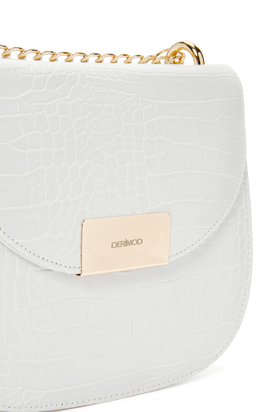 Women's White Long Chain Strap Crocodile Patterned Shoulder Bag