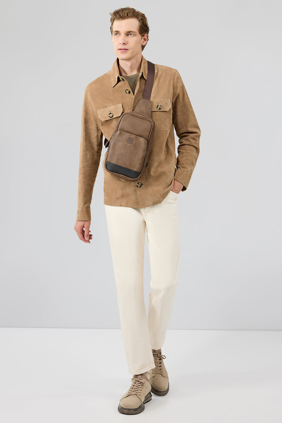 Osimhen Men's Beige Shirt Collar Suede Leather Jacket
