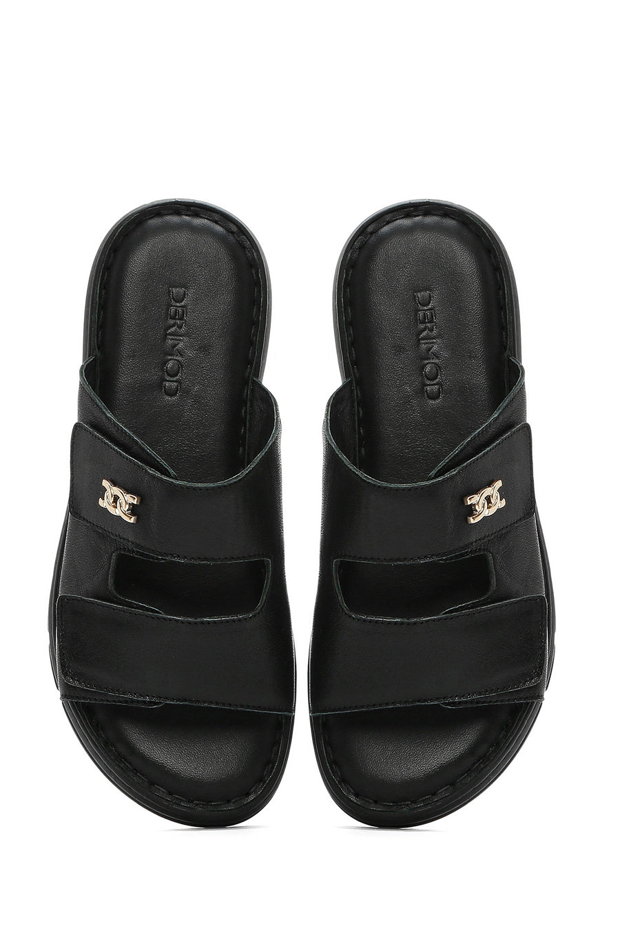 Women's Black Double-Striped Leather Comfort Slippers