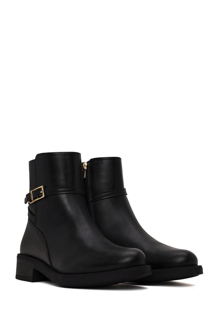 Woman Black Zip Closure Buckled Boots
