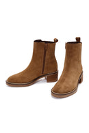 Women's Brown Zippered Thick Heel Suede Leather Boots | Derimod