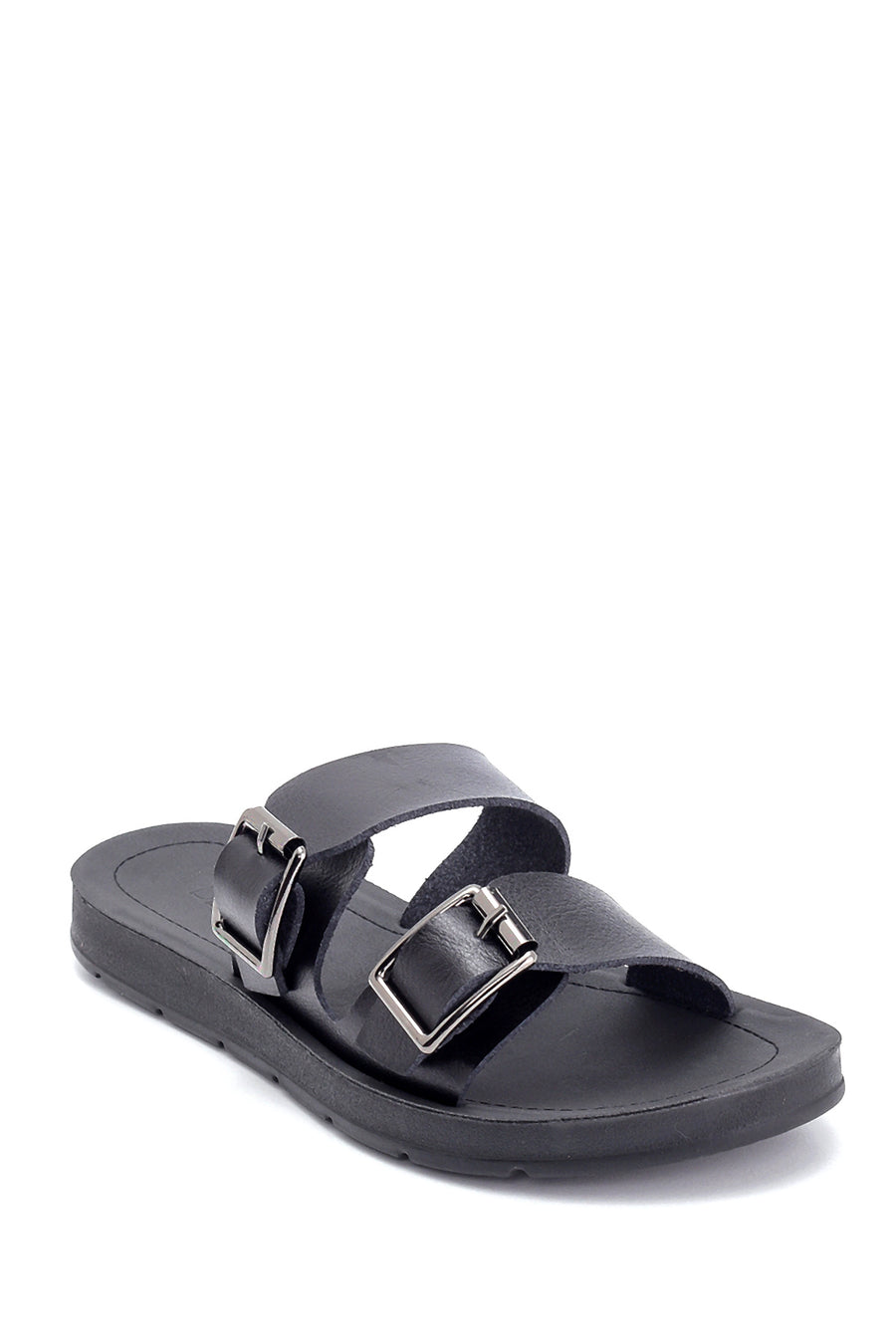 Women's Black Double Buckle Open Back Flat Slippers