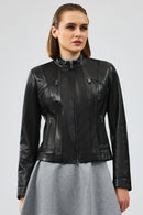 Linda Women's Black Short Leather Jacket | Derimod