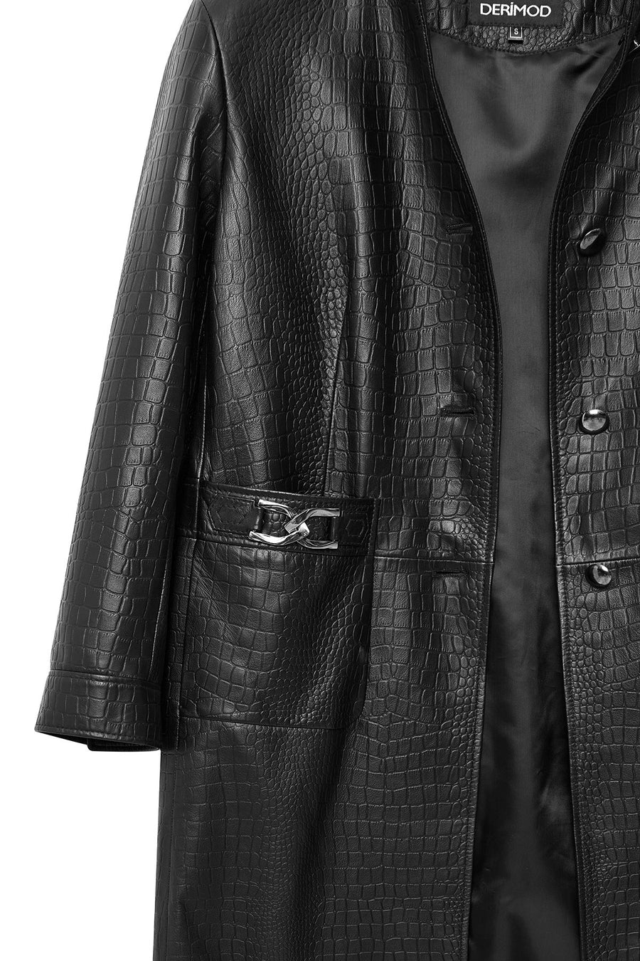 Colette Women's Black Crocodile Patterned Leather Coat
