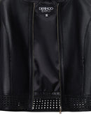 Becky Woman Black Short Leather Jacket with Woven Detail | Derimod