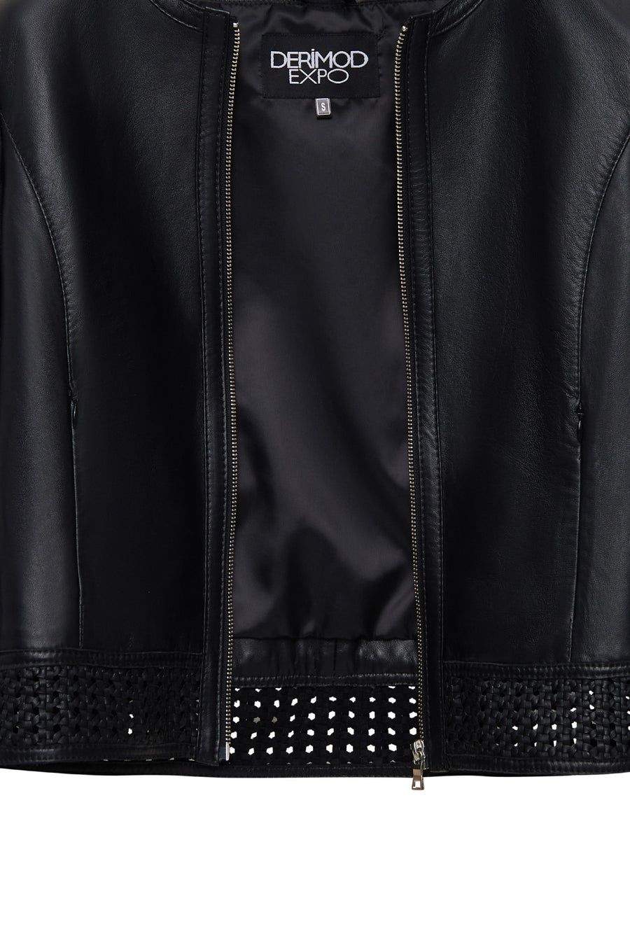 Becky Woman Black Short Leather Jacket with Woven Detail