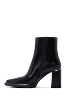 Woman Black Zip Closure Thick-Heeled Leather Boots | Derimod