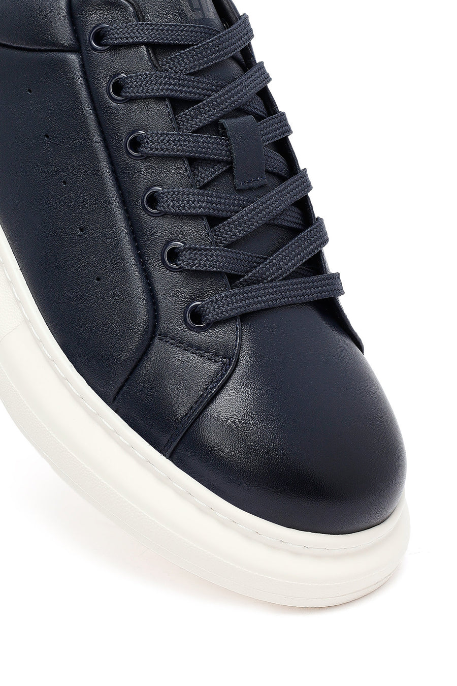 Men's Navy Blue Lace-Up Thick-Soled Leather Sneakers