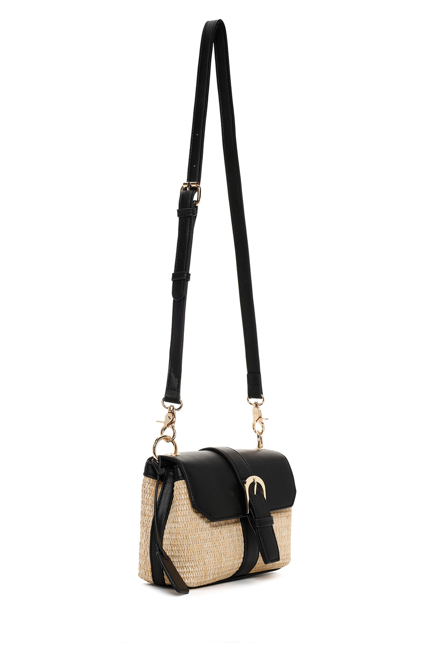 Women's Black Long Strap Straw Shoulder Bag