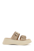 Women's Beige Thick Soled Suede Leather Slippers | Derimod