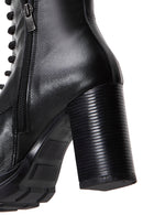 Women's Black Leather Zippered Platform Heeled Boots | Derimod