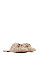 Women's Beige Suede Leather Knitted Flat Slippers | Derimod