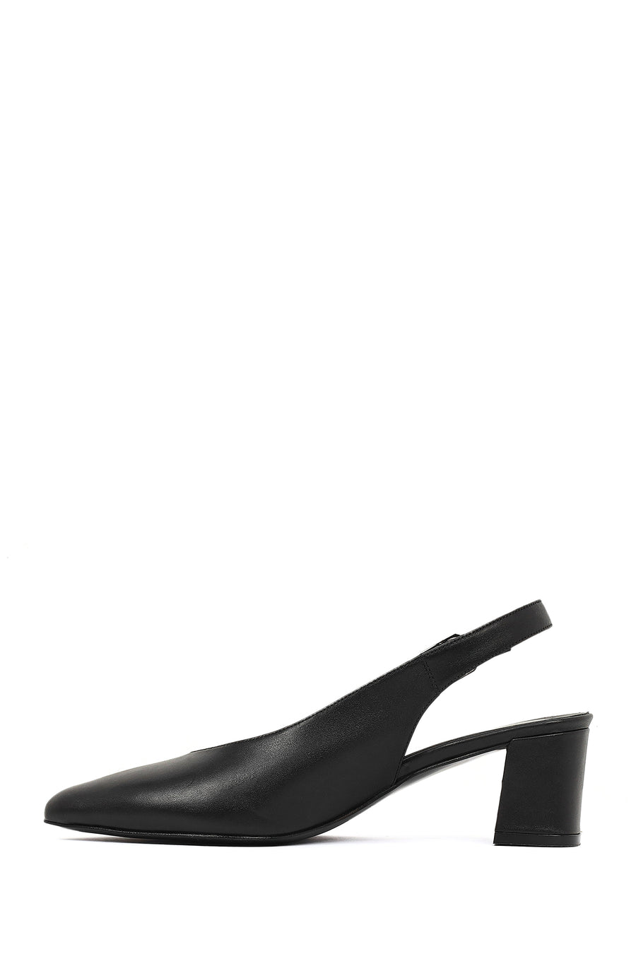 Women's Black Open Back Chunky Heel Leather Shoes