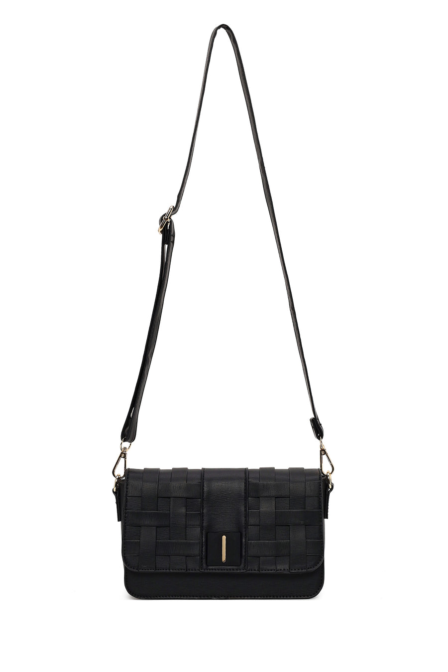 Woman Black Long-Strap Knit Crossbody Bag