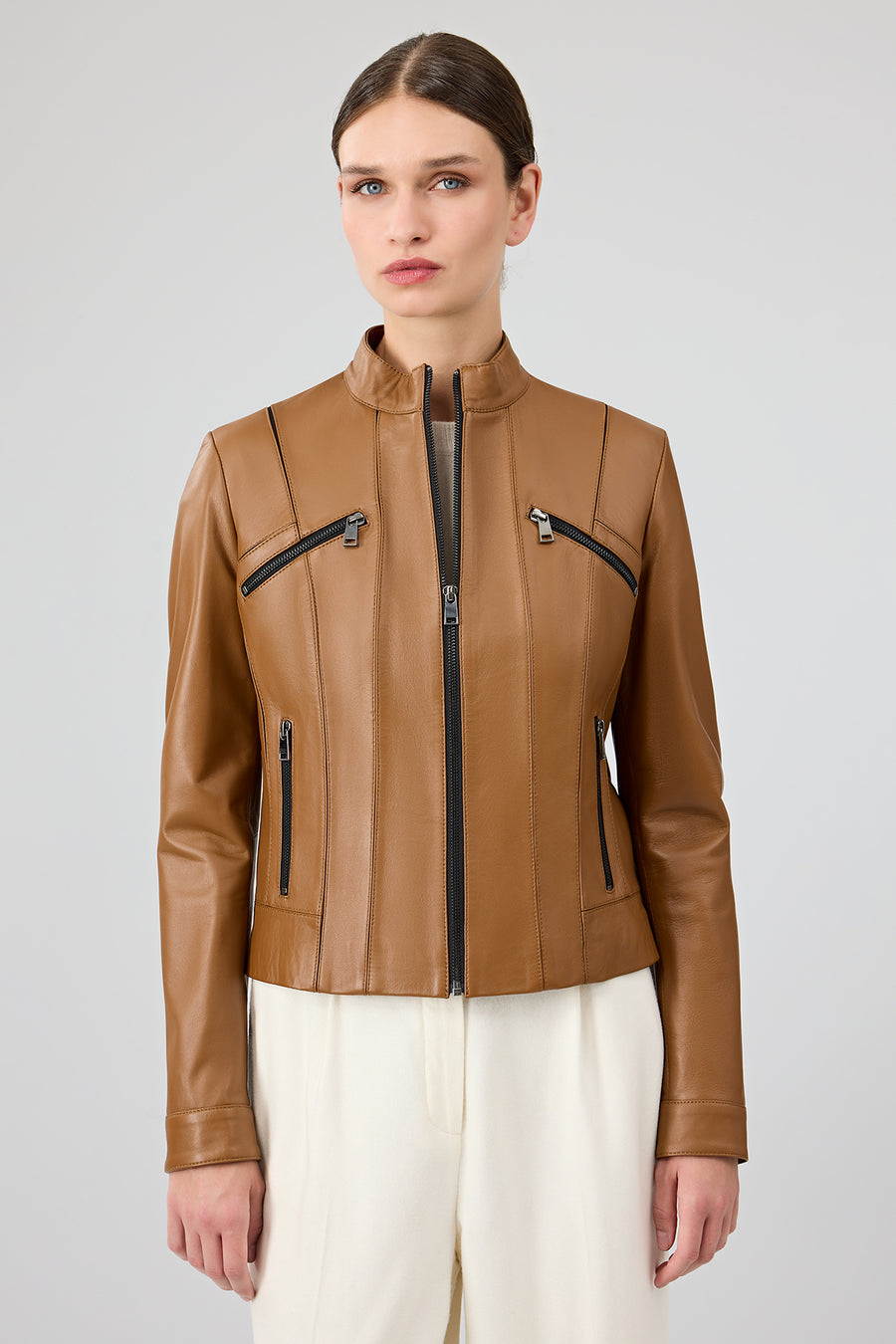 Linda Women's Camel Short Leather Jacket