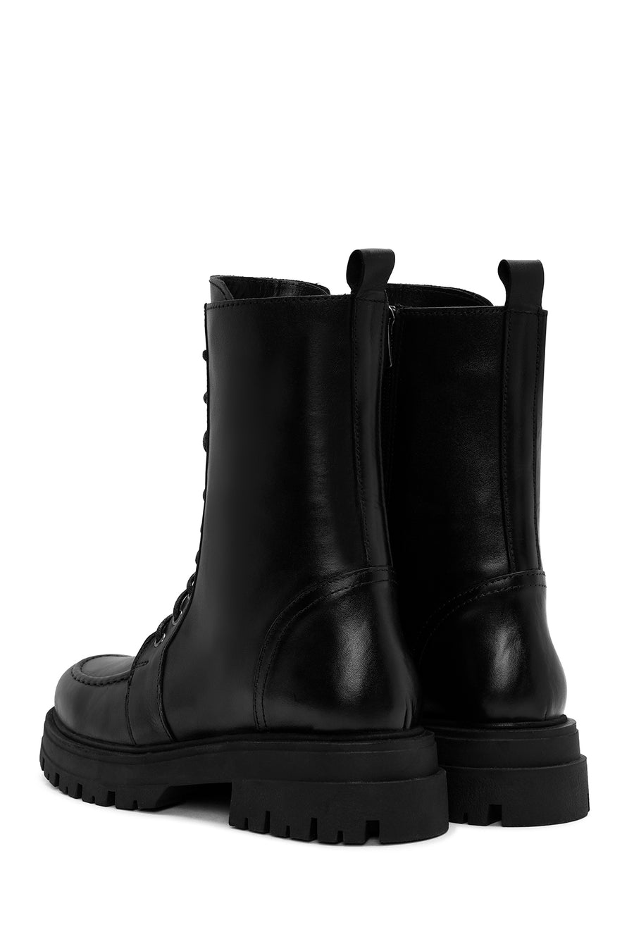 Women's Black Lace-Up Zipper Detailed Leather Combat Boots