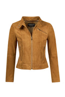 Kylie Woman Camel Mandarin Collar Short Suede Leather Jacket | Derimod