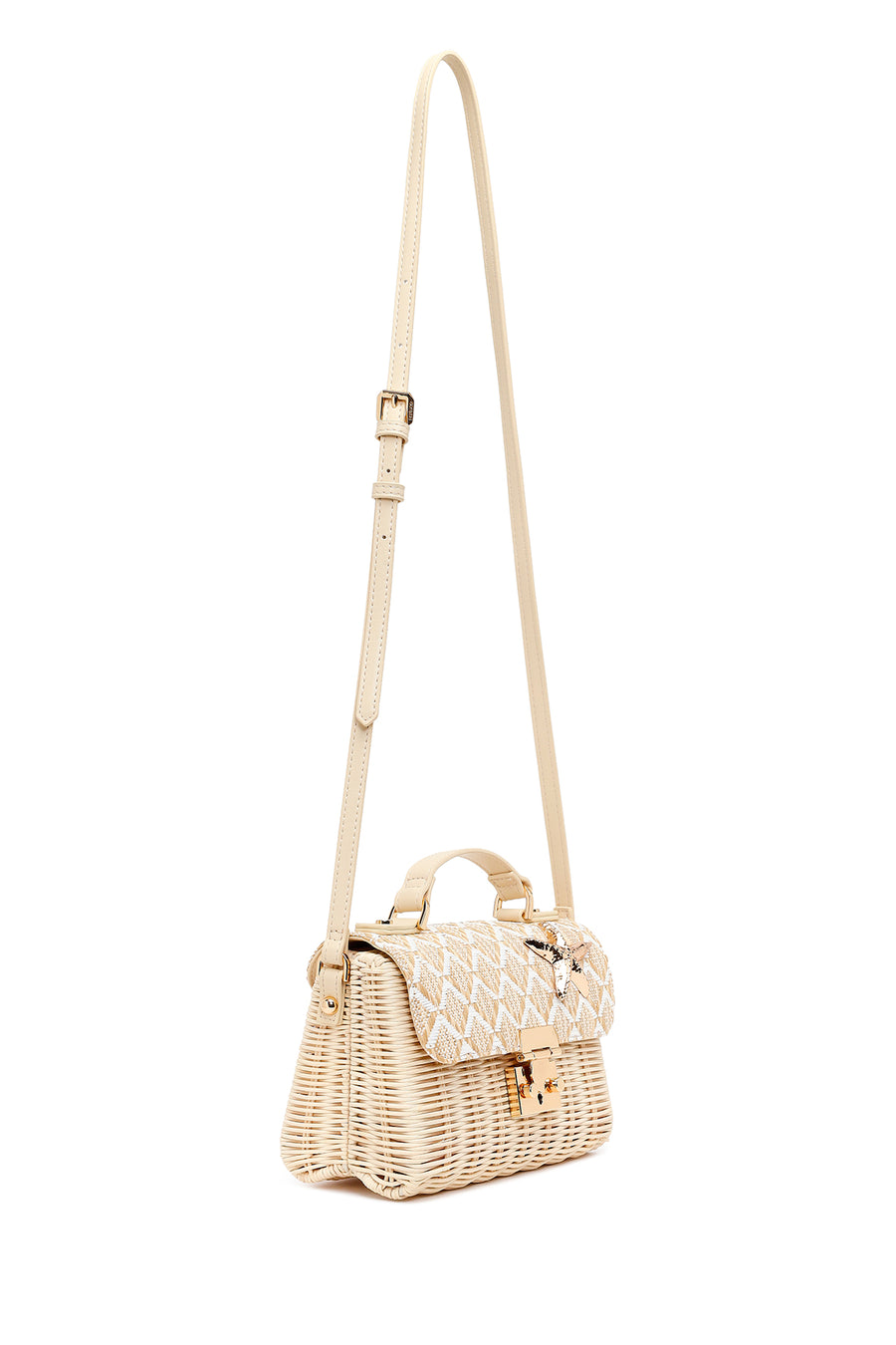 Woman Beige Long-Strap Stone-Embellished Woven Mini Crossbody Bag