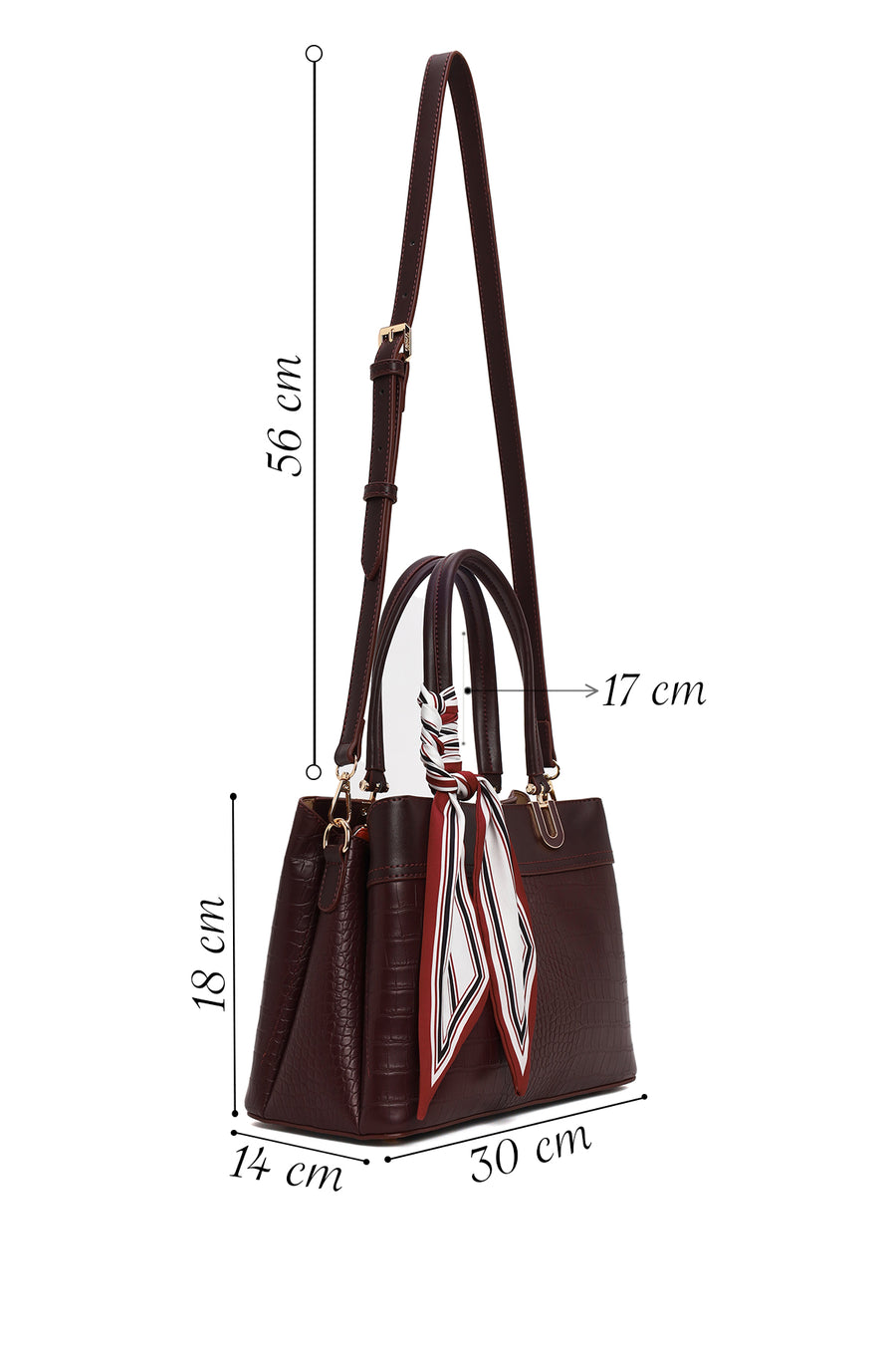 Woman Burgundy Long-Strap Accessorized Croc-Embossed Shoulder Bag