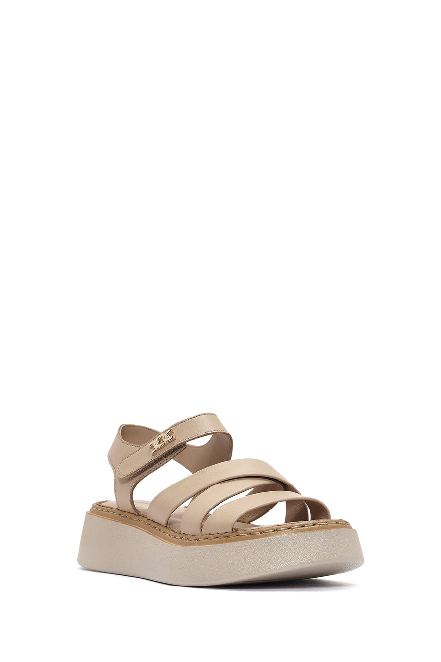 Women's Beige Ankle Strap Thick Soled Leather Comfort Sandals