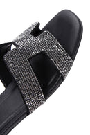 Women's Black Stone Flat Slippers | Derimod