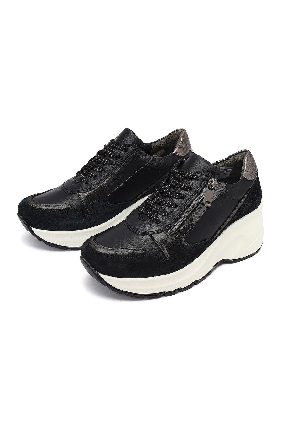 Kadın Siyah Bağcıklı Fermuar Detaylı Dolgu Topuklu Deri Sneaker