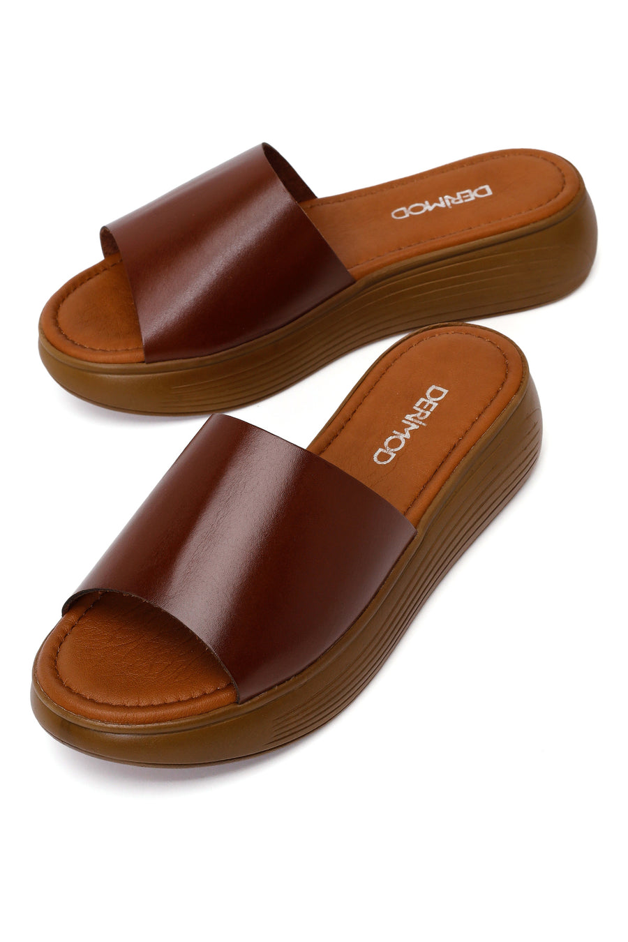 Women's Brown Thick Soled Leather Slippers