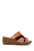 Women's Tan Leather Wedge Heel Comfort Slippers | Derimod