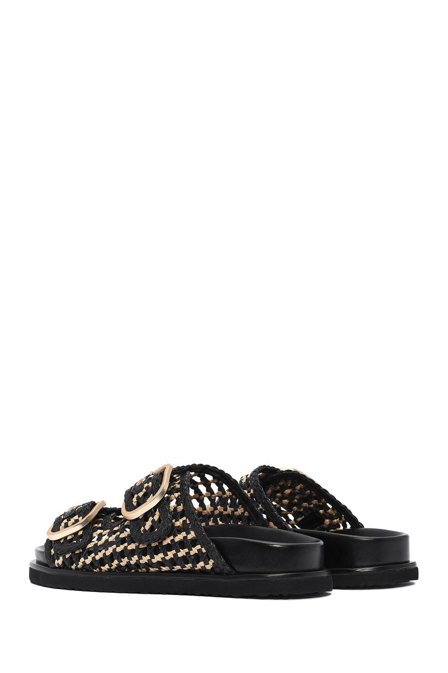 Women's Black Double Buckle Straw Leather Slippers