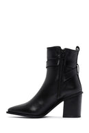 Women's Black Leather Heeled Buckle Boots | Derimod