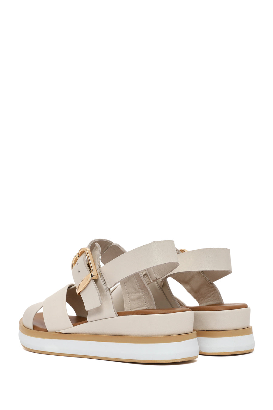 Women's Cream Ankle Buckle Thick Soled Leather Sandals