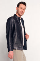 Clint Male Navy Mandarin Collar Reversible Suede Leather Jacket | Derimod