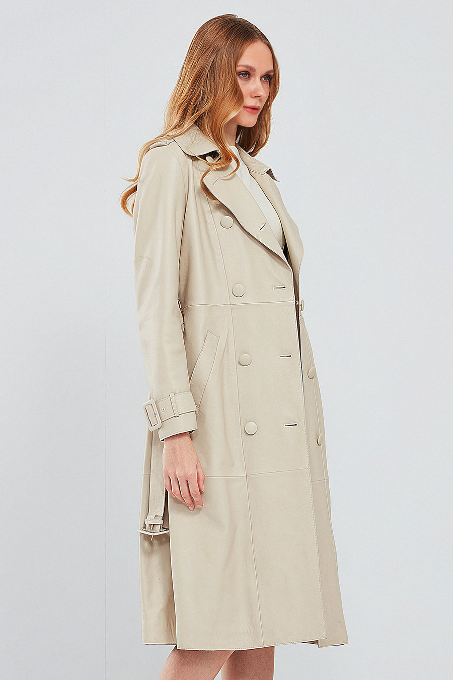 Fergie Women's Beige Long Leather Trench Coat