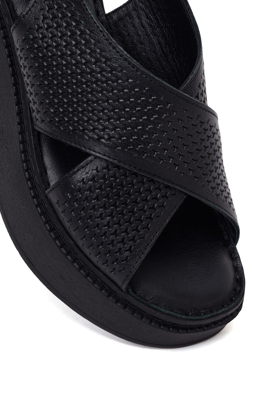 Woman Black Ankle-Buckle Wedge-Heel Leather Comfort Sandal