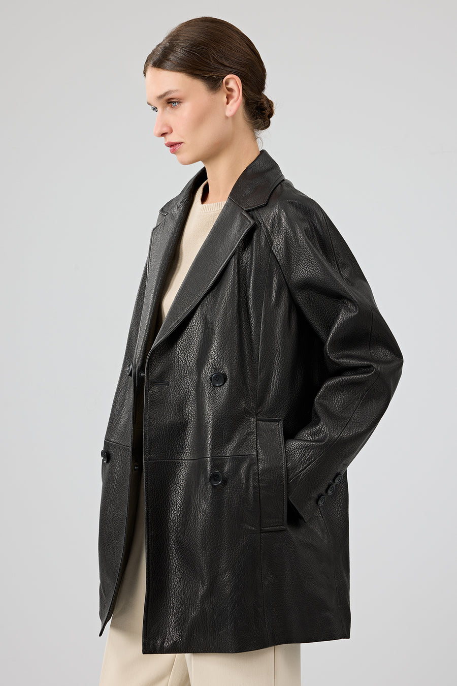 Wendy Women's Black Double Breasted Long Leather Jacket