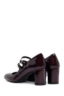 Women's Burgundy Double Buckled Thick Heeled Patent Leather Mary Jane Shoes | Derimod